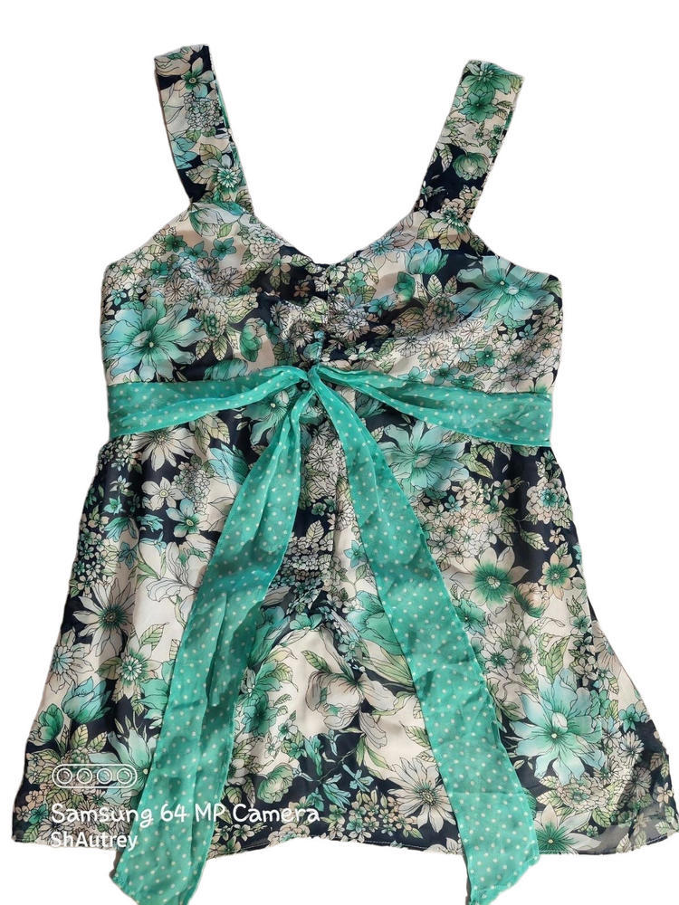 Motherhood Maternity Vintage Chiffon Floral Tank Top, Medium, Aqua/Navy/Cream